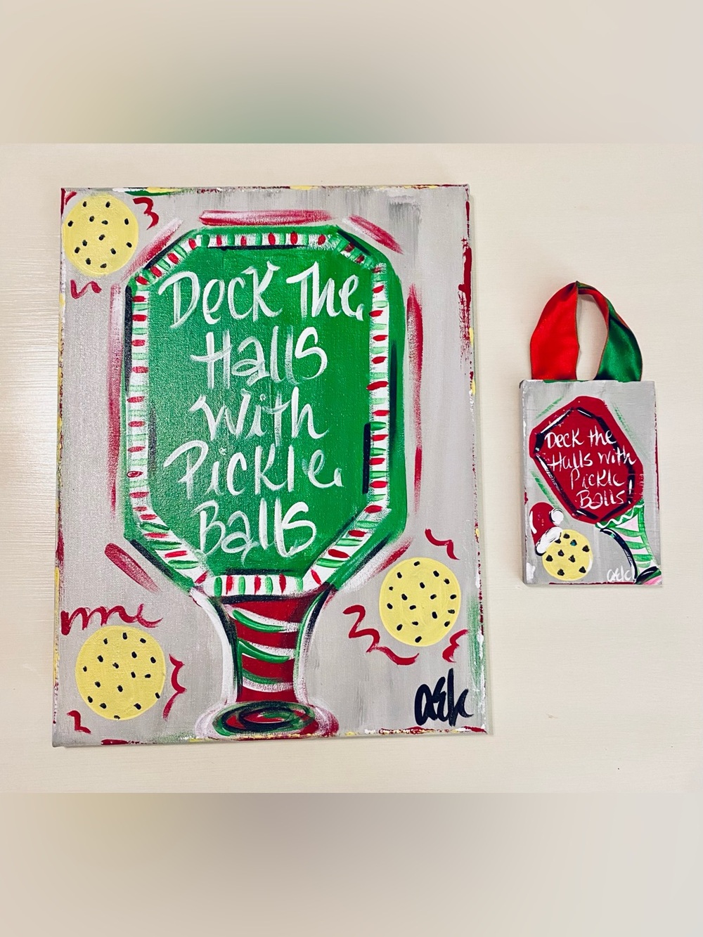 Hand-painted Holiday Pickleball Wall Art & Ornament Set